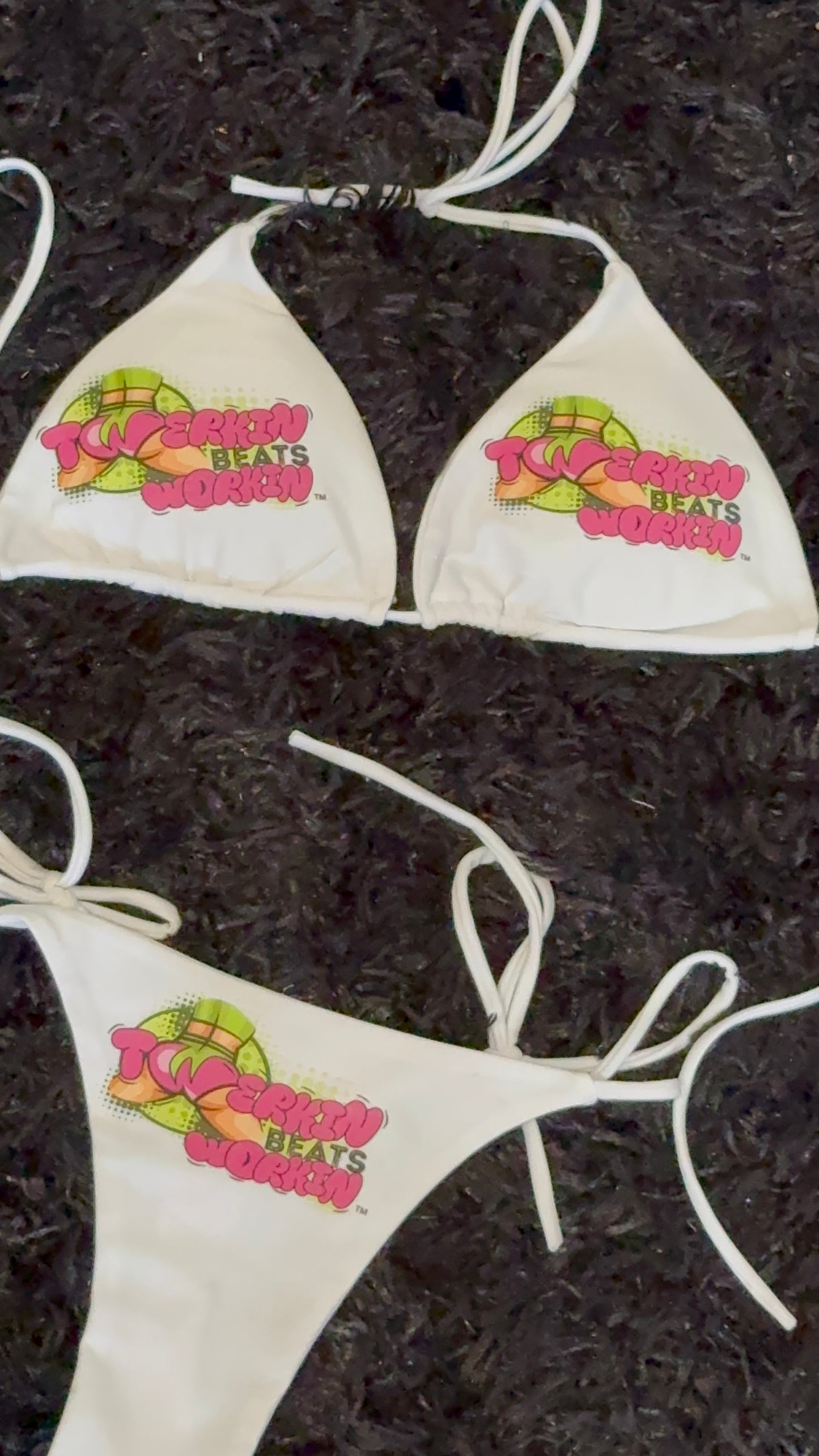 Pink & green Twerkin’ Beats Workin’ booty design thong string Bikini