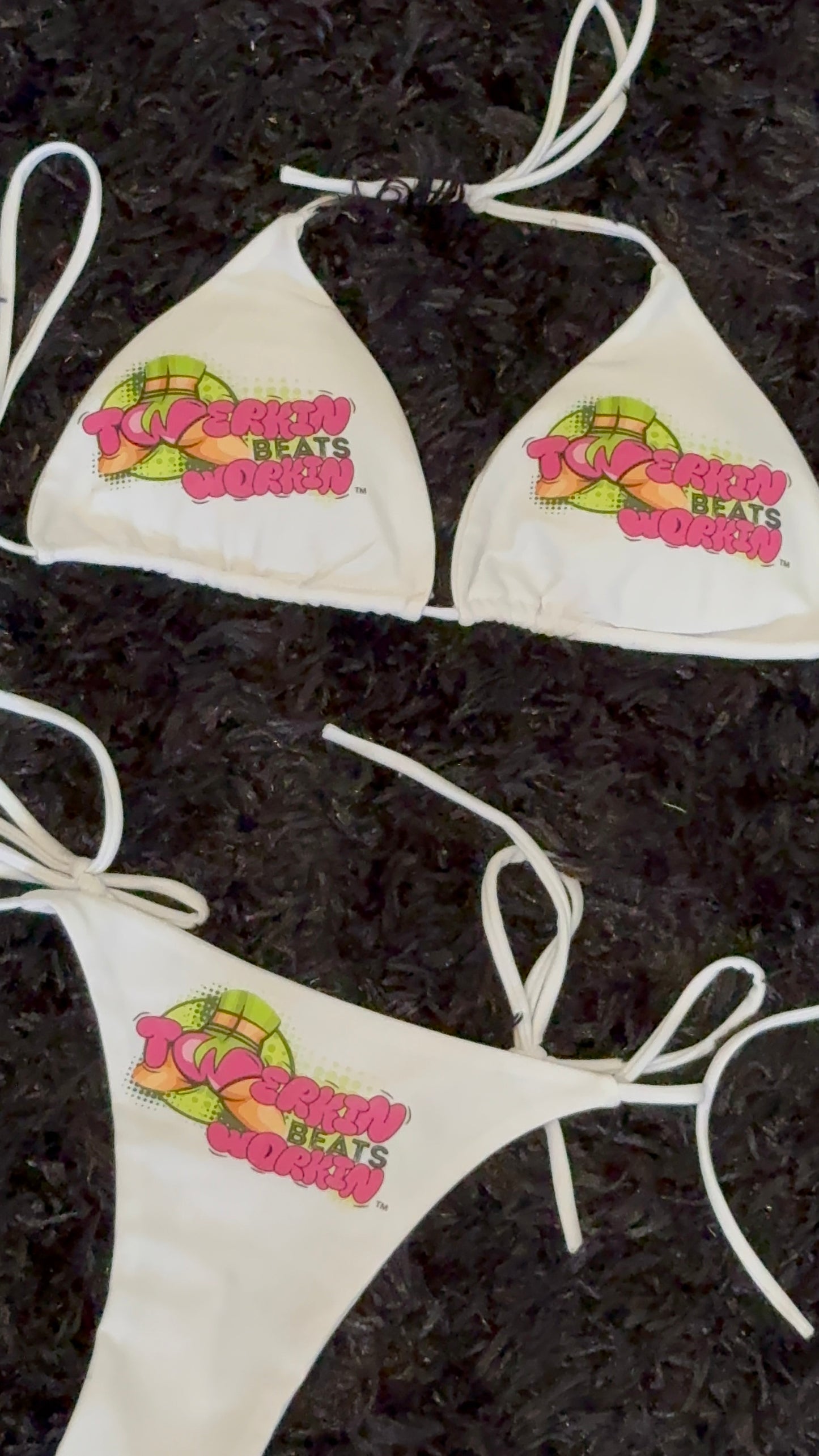 Pink & green Twerkin’ Beats Workin’ booty design thong string Bikini