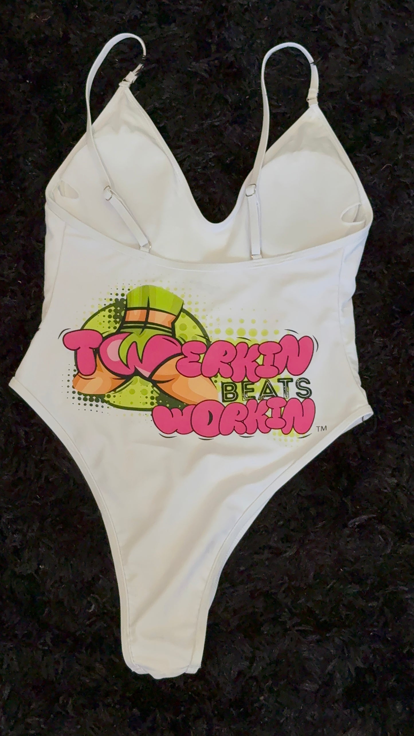 Pink and green Twerkin’ Beats Workin’Booty designed one piece