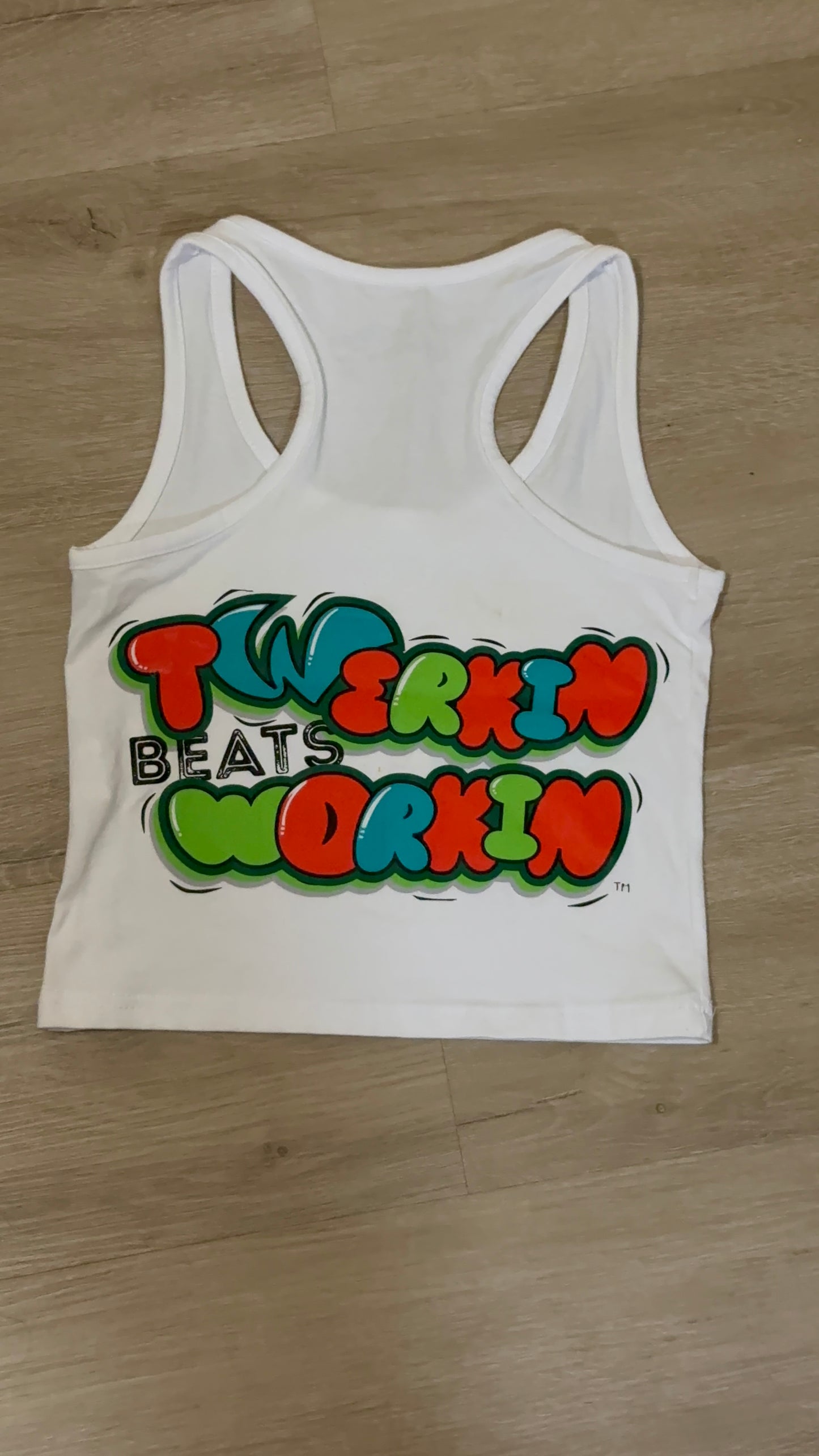 Glitter TBW on front of tank/ Orange,blue and green TBW design on back of tank