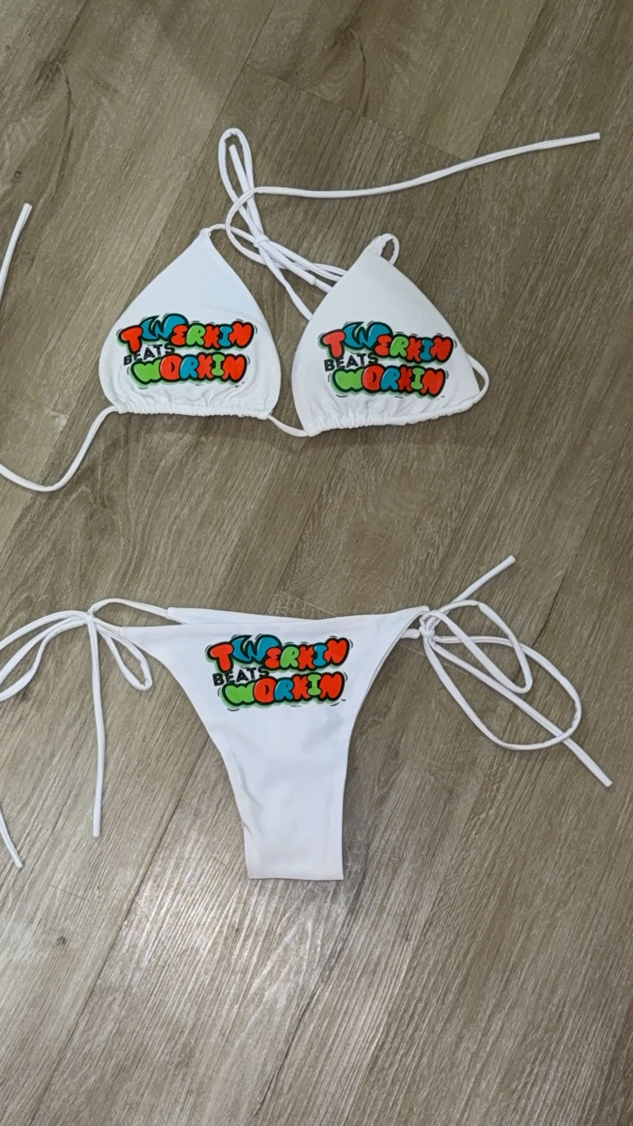 Orange, blue & green Twerkin’ Beats Workin’ designed string thong bikini