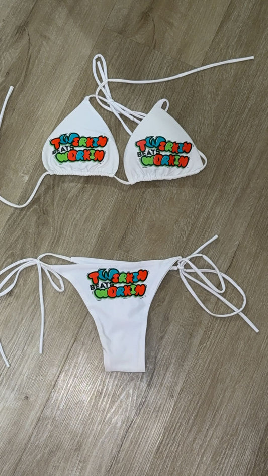 Orange, blue & green Twerkin’ Beats Workin’ designed string thong bikini