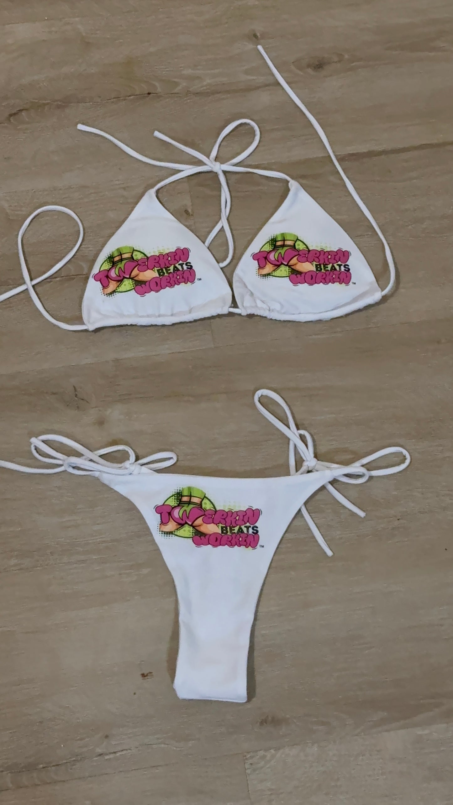 Pink & green Twerkin’ Beats Workin’ booty design thong string Bikini