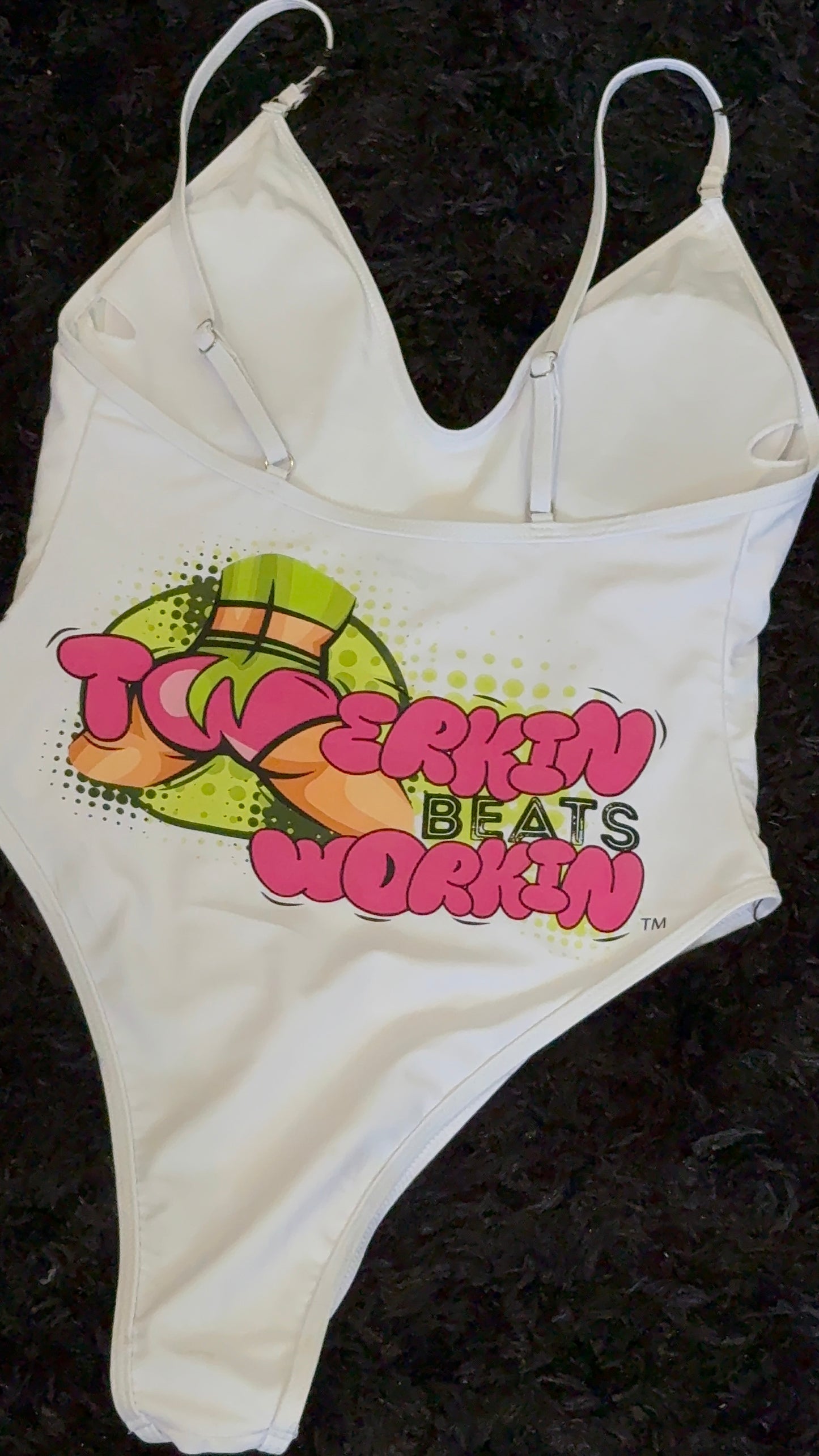Pink and green Twerkin’ Beats Workin’Booty designed one piece