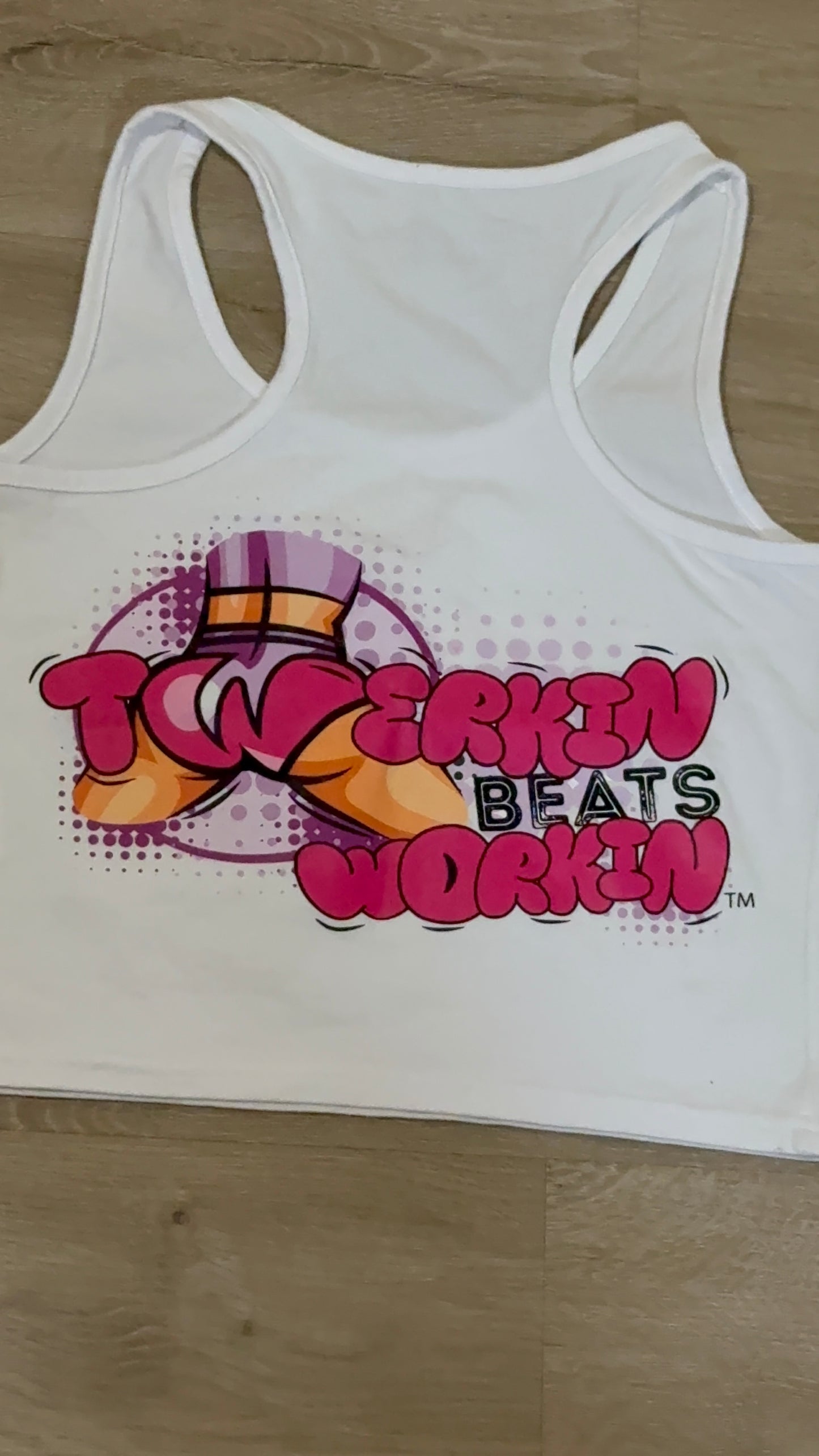 Glitter TBW on front of tank/ pink and purple TBW design on back of tank