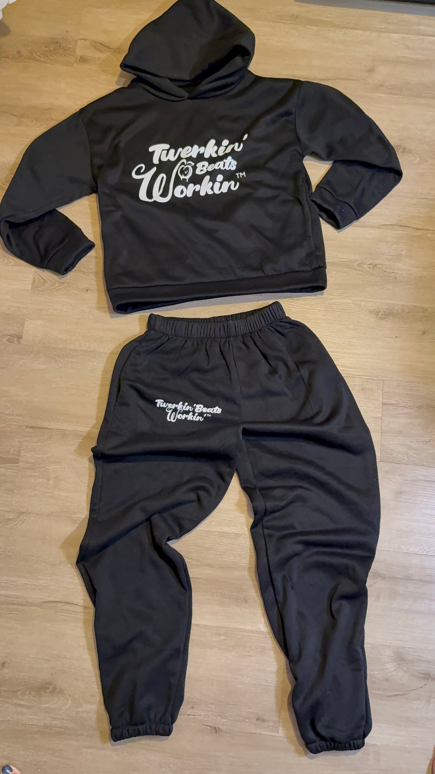 Black Unisex Twerkin’ Beats Workin’ peach design front of hoodie back of pants jogger set