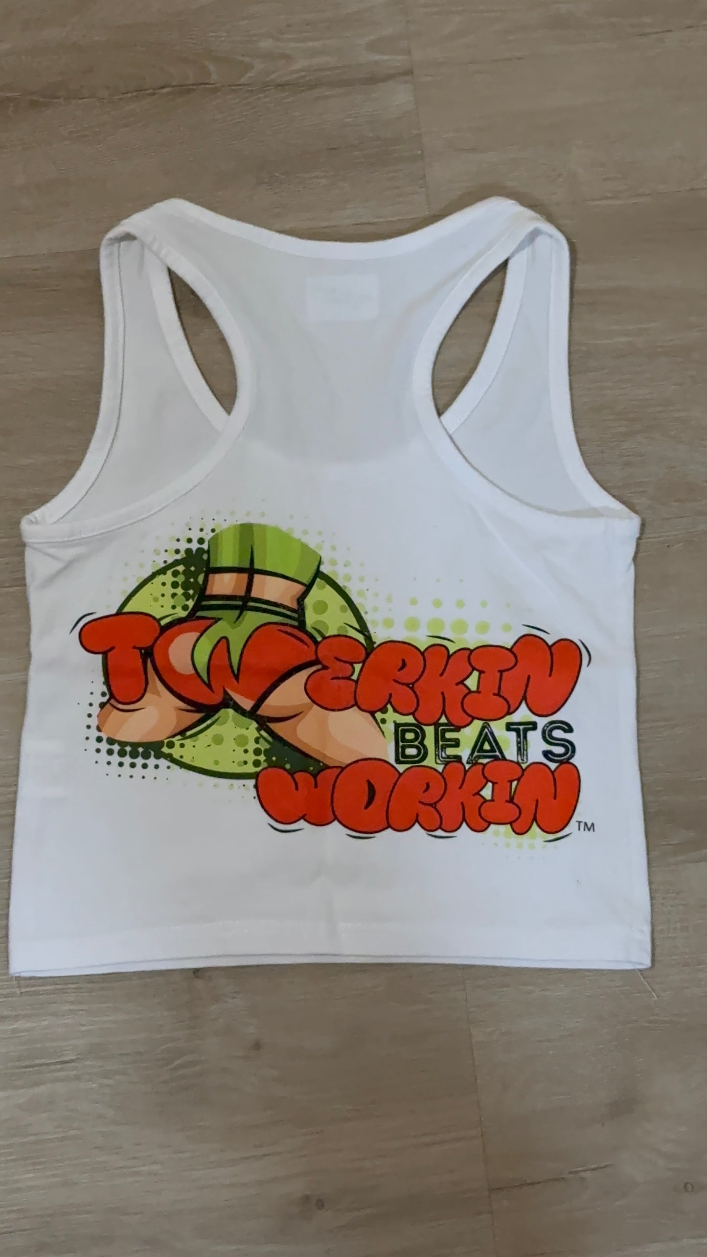 Glitter TBW on front of tank/ orange & green TBW on back of tank