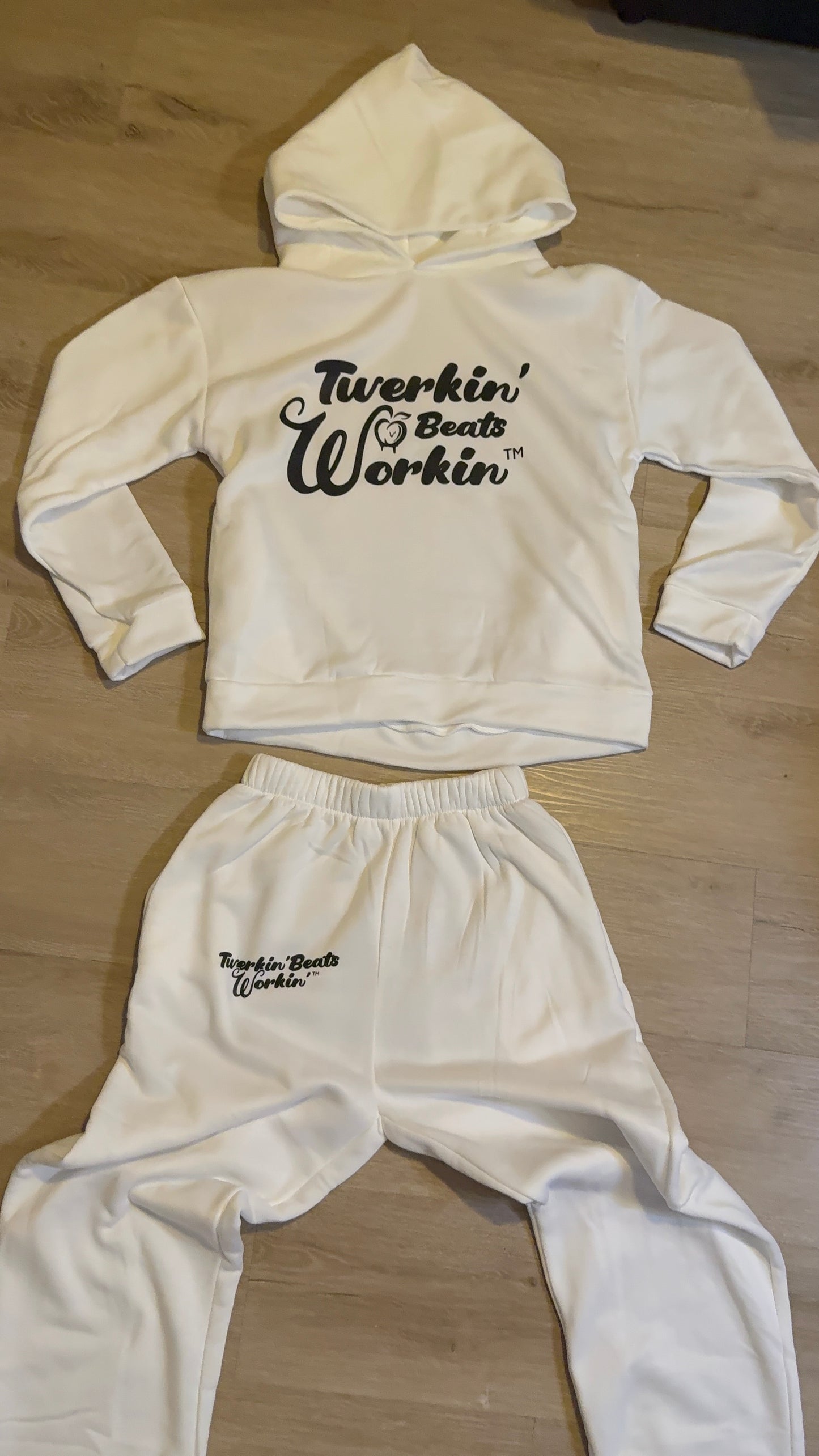 Unisex white Twerkin’ Beats Workin’ peach design on front of hoodie and back of pants Jogger set