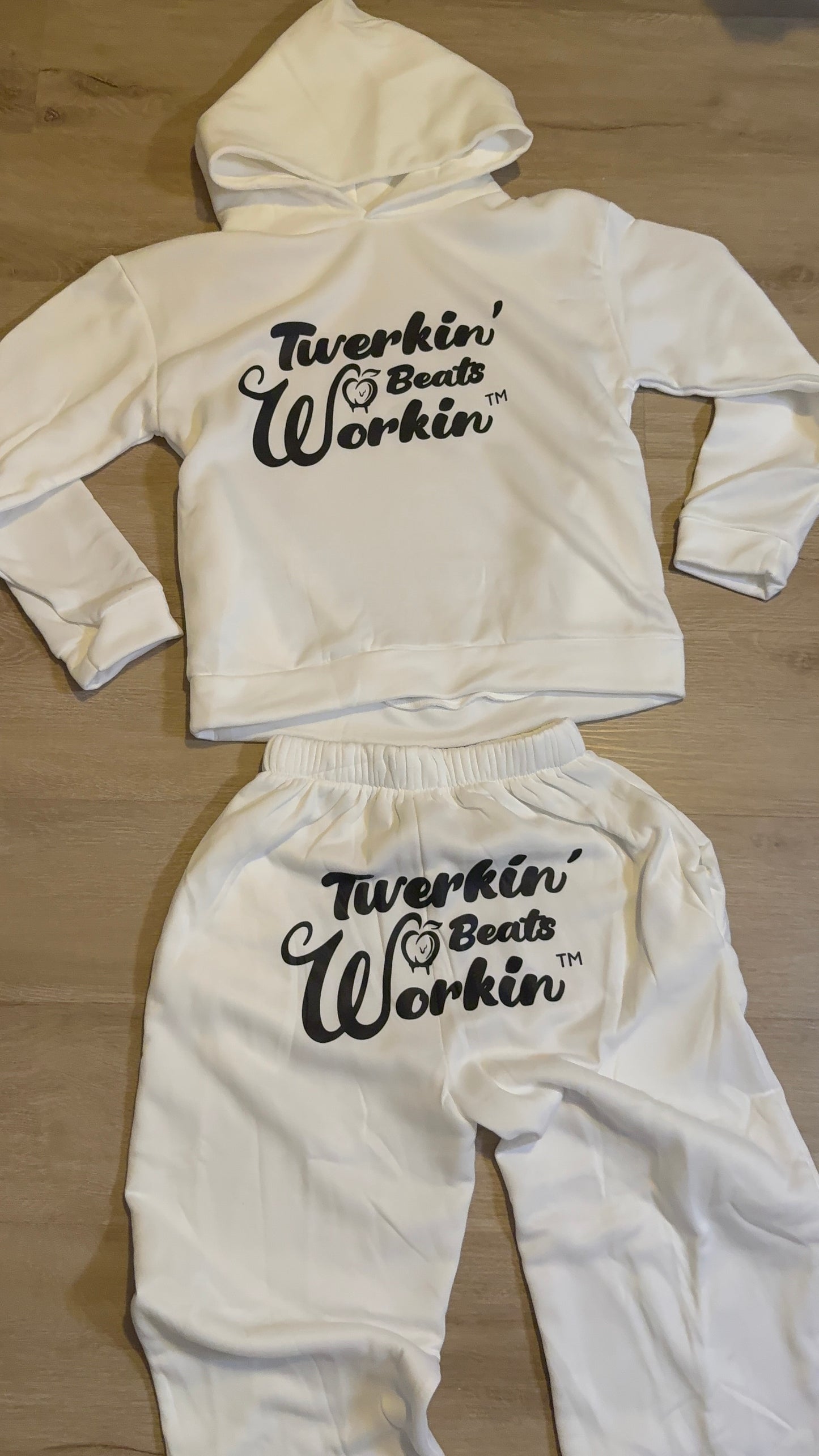 Unisex white Twerkin’ Beats Workin’ peach design on front of hoodie and back of pants Jogger set