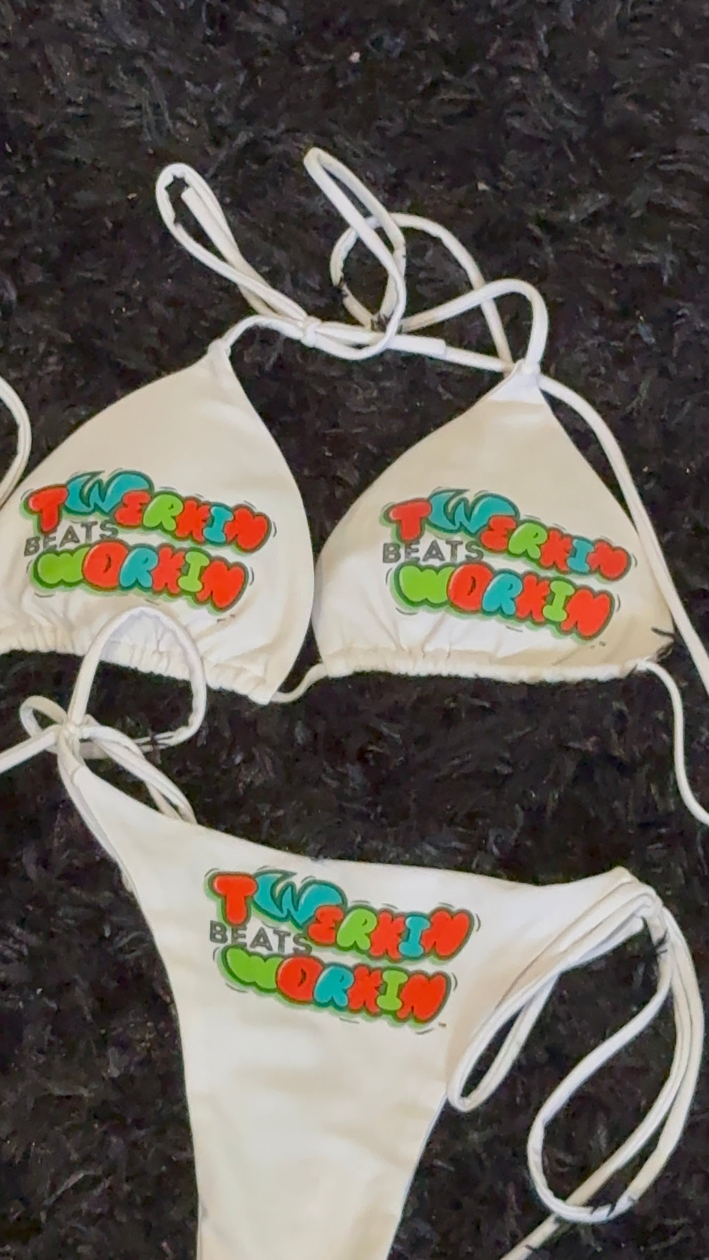 Orange, blue & green Twerkin’ Beats Workin’ designed string thong bikini