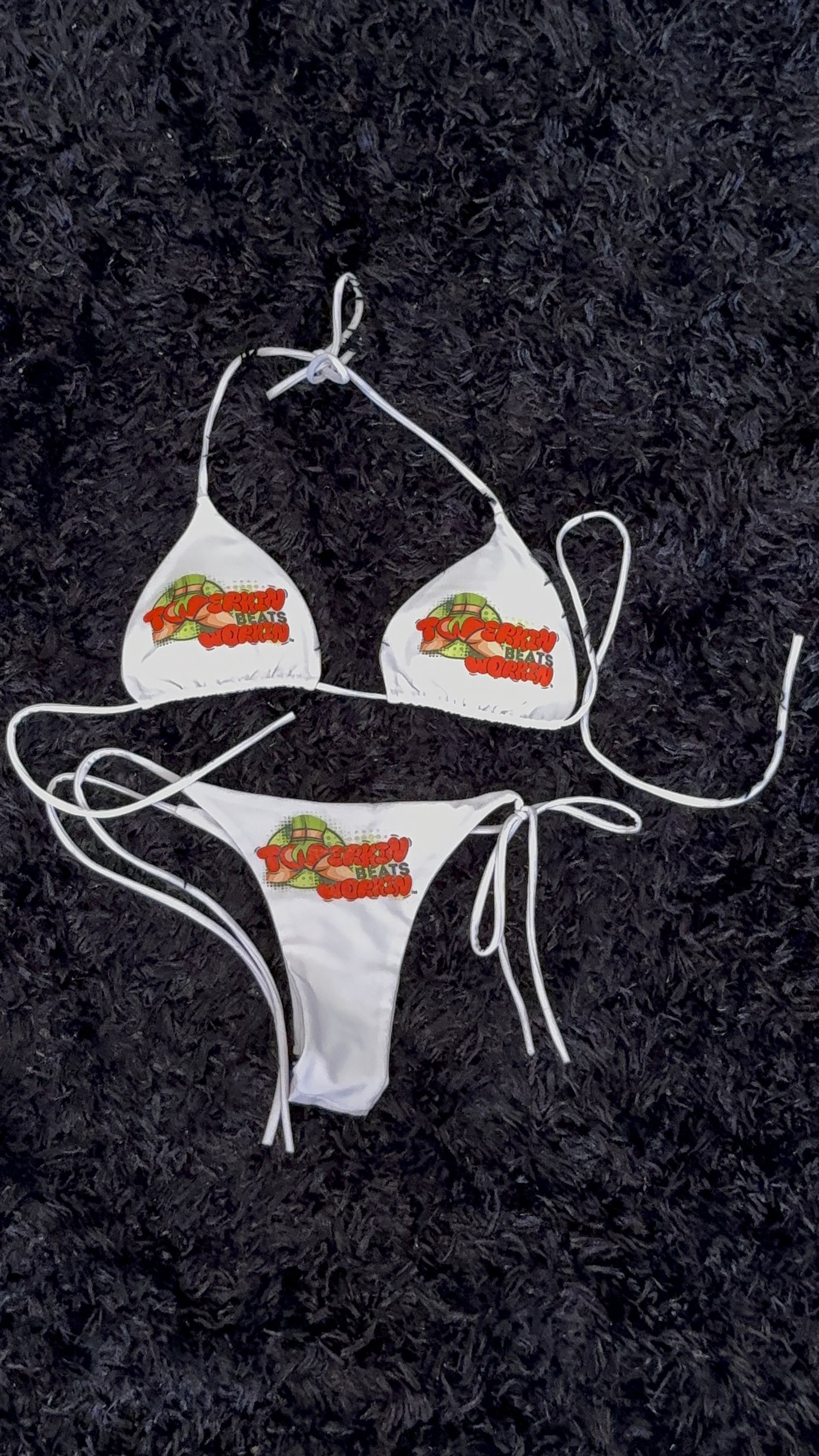 Orange & green Twerkin Beats Workin’ Booty designed string thong Bikini