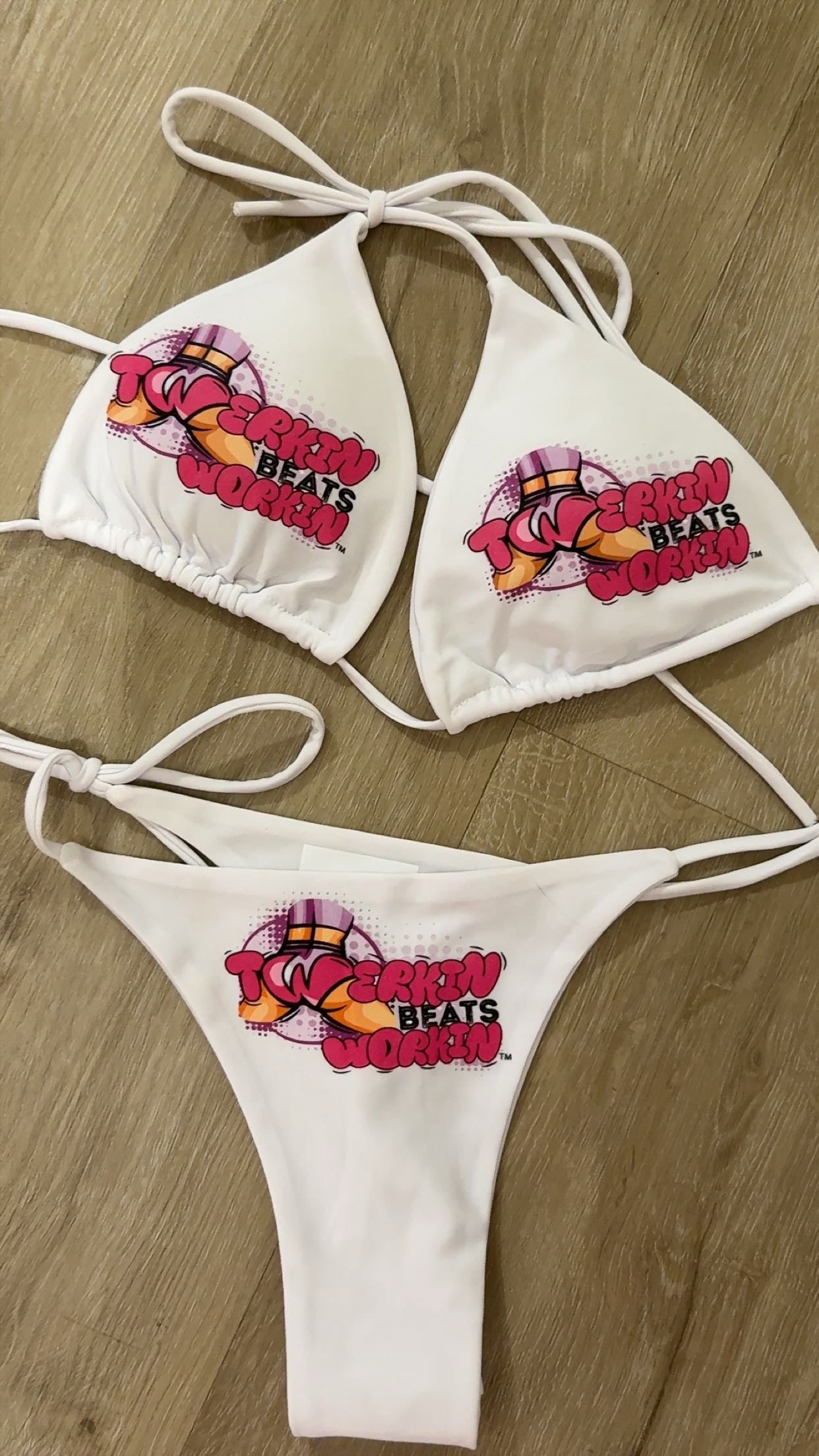 Pink & purple Twerkin’ Beats Workin’ booty designed thong string Bikini