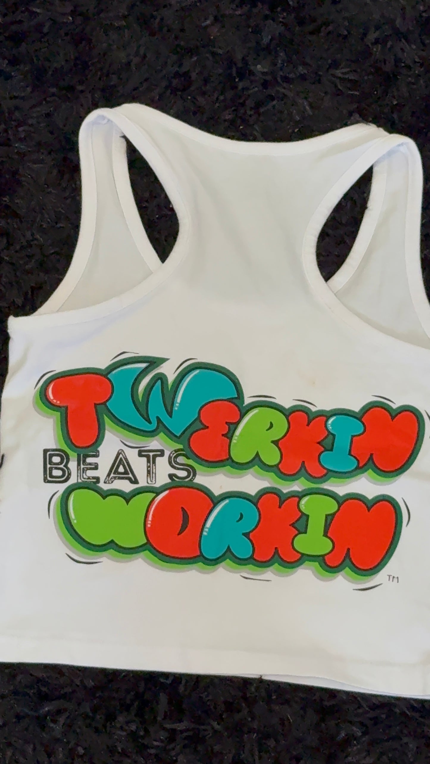 Glitter TBW on front of tank/ Orange,blue and green TBW design on back of tank