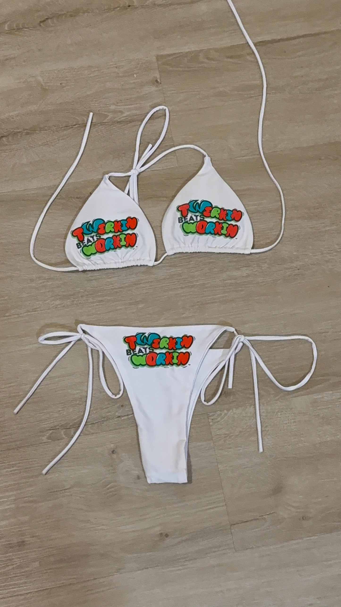 Orange, blue & green Twerkin’ Beats Workin’ designed string thong bikini