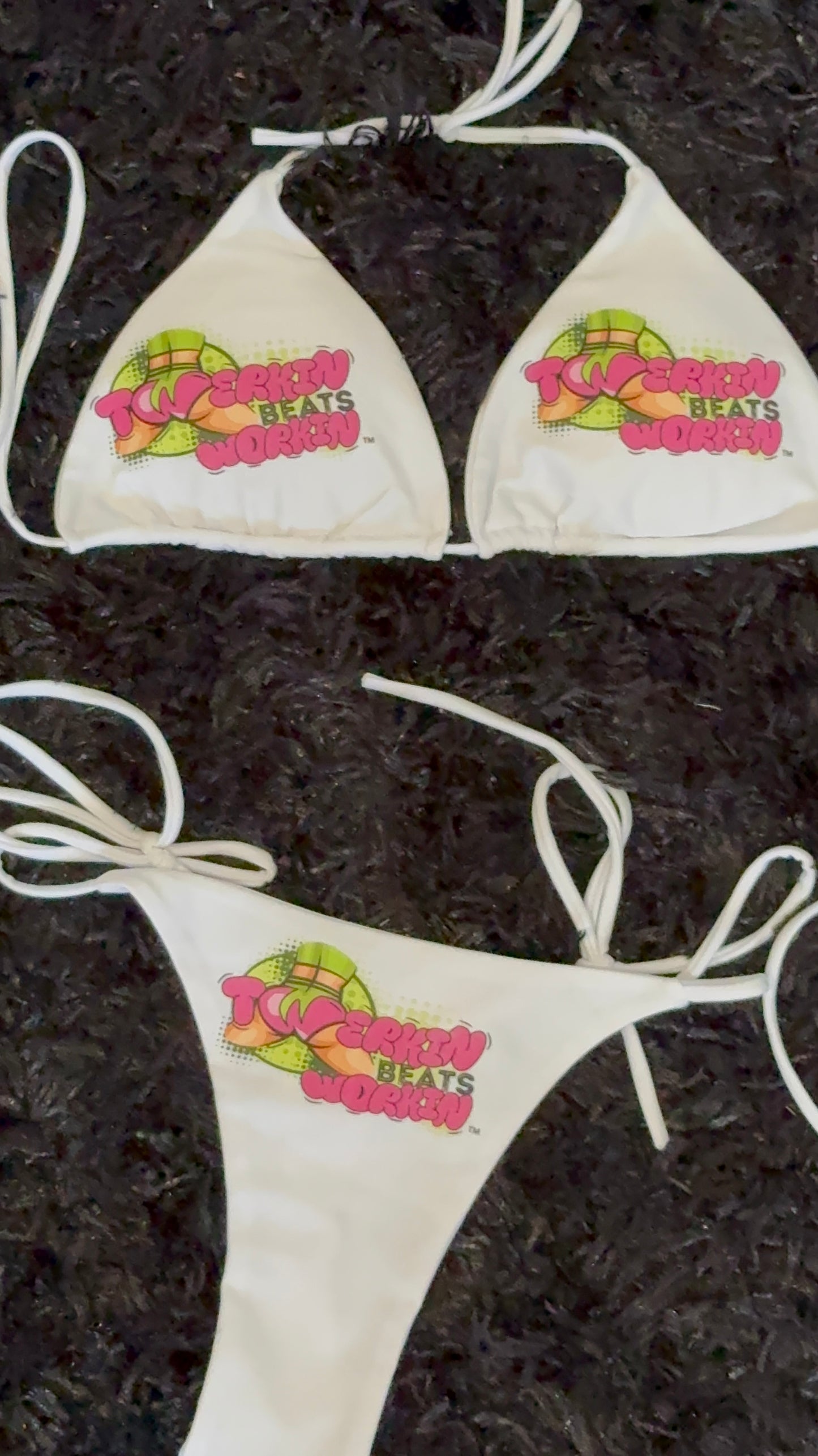 Pink & green Twerkin’ Beats Workin’ booty design thong string Bikini