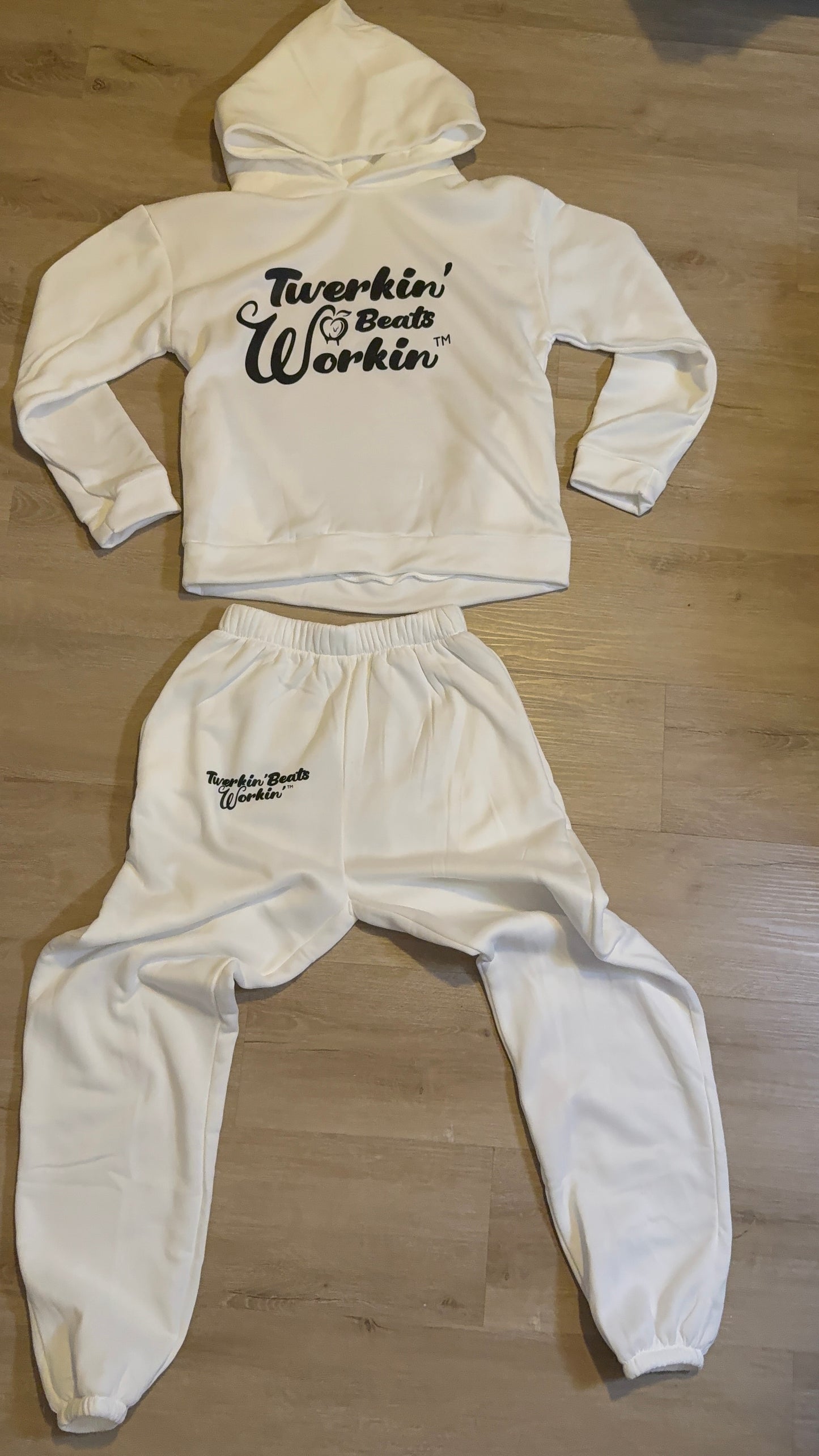 Unisex white Twerkin’ Beats Workin’ peach design on front of hoodie and back of pants Jogger set
