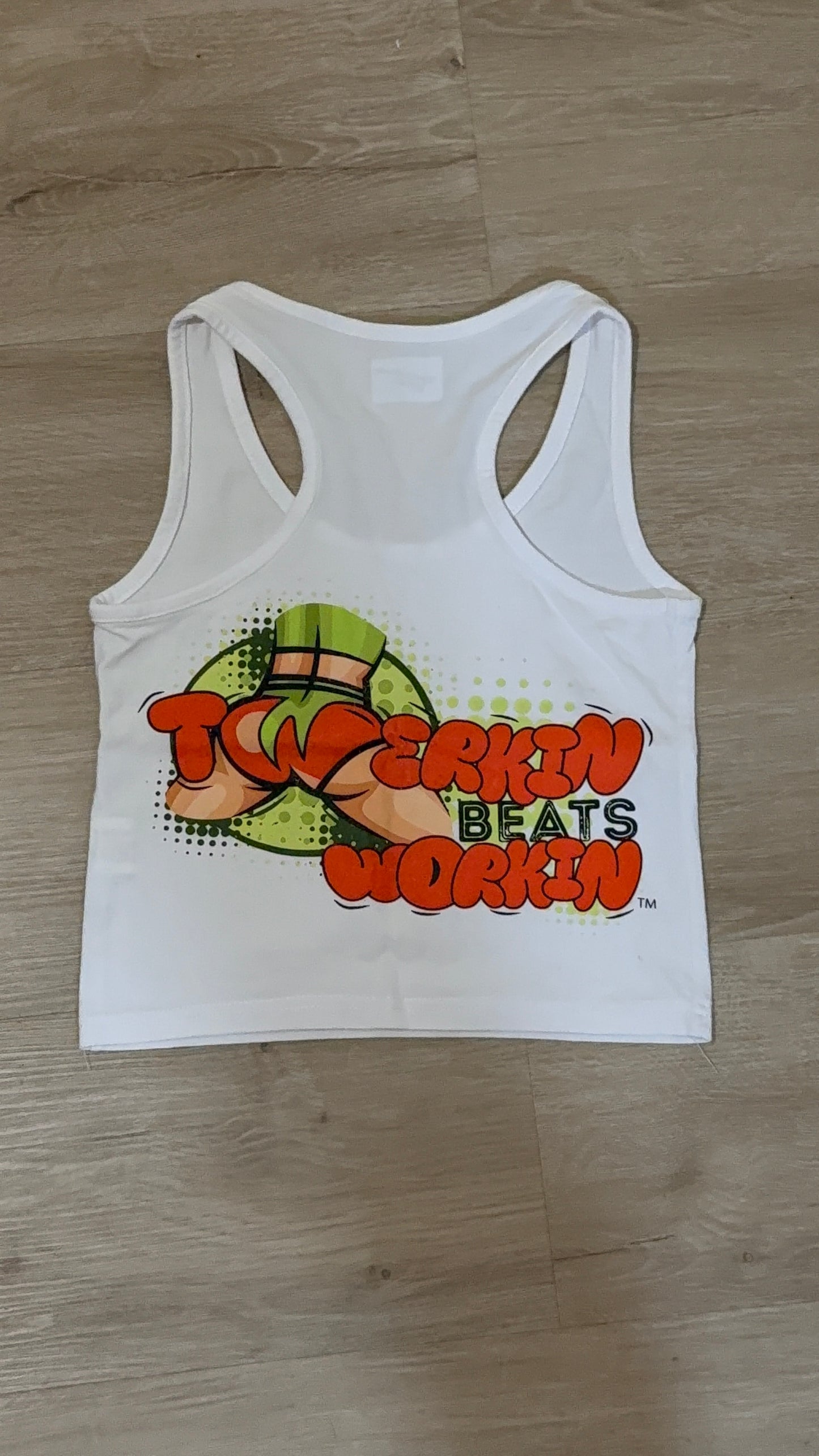 Glitter TBW on front of tank/ orange & green TBW on back of tank