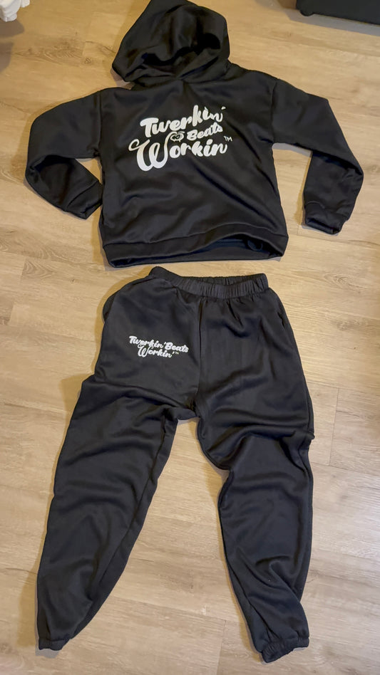 Black Unisex Twerkin’ Beats Workin’ Peach design on front of hoodie Jogger