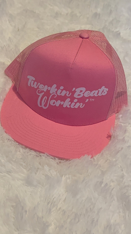 All pink hat with white Twerkin’ Beats Workin’ logo