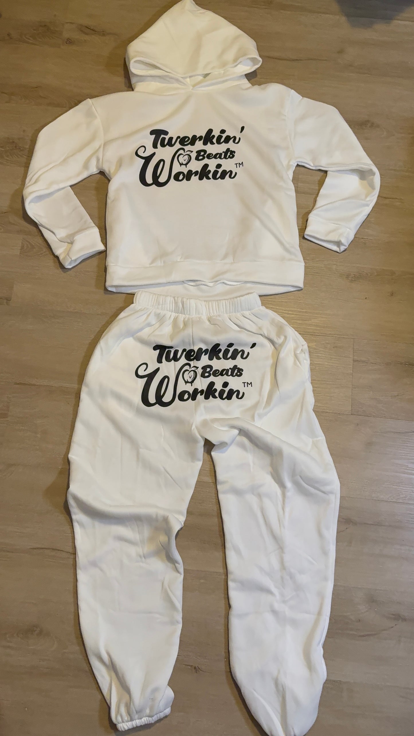 Unisex white Twerkin’ Beats Workin’ peach design on front of hoodie and back of pants Jogger set