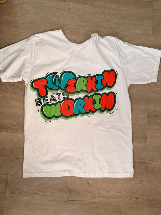 Orange, blue and green tbw design on front of t-shirt