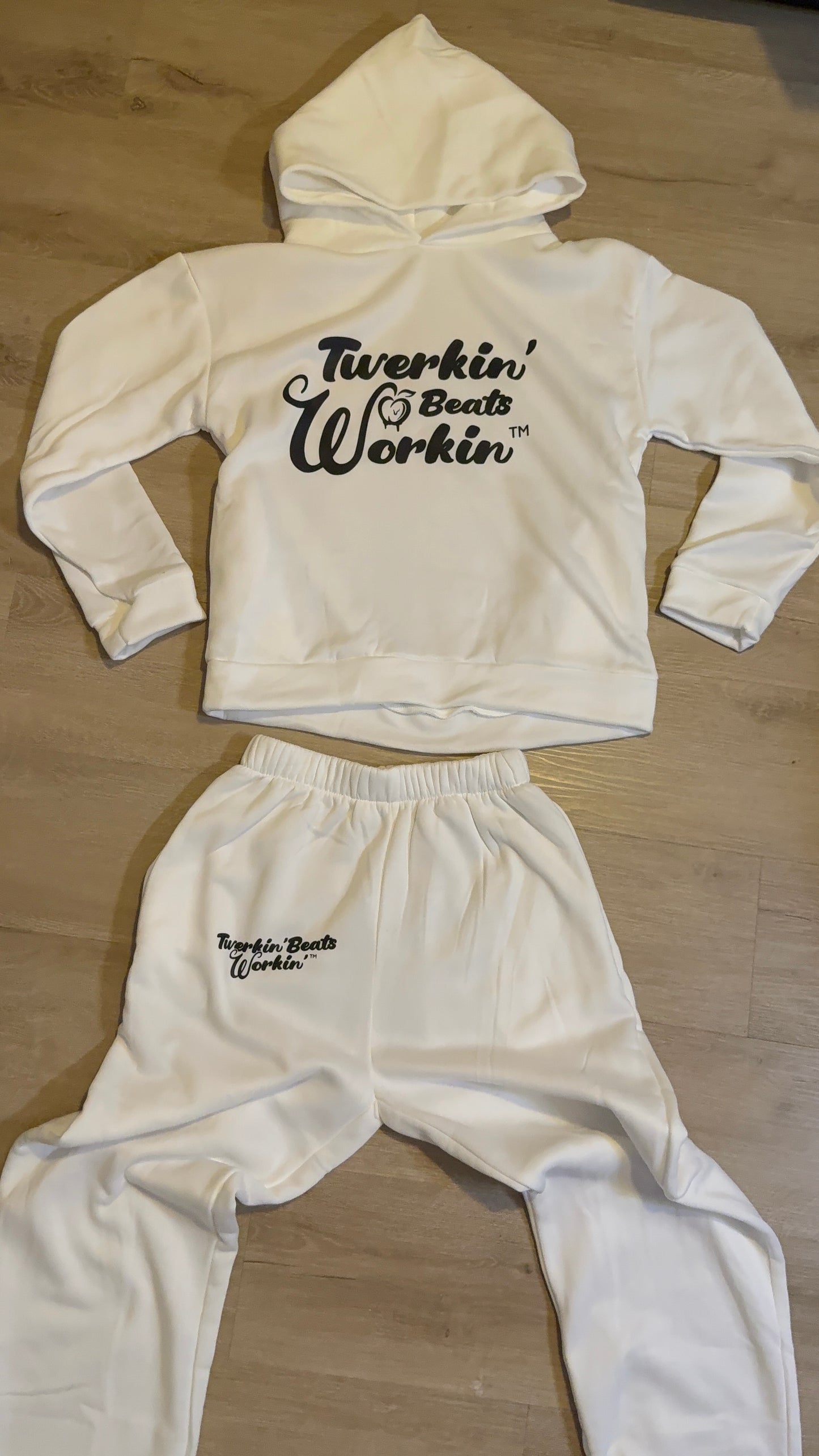Unisex white Twerkin’ Beats Workin’ peach design on front of hoodie and back of pants Jogger set