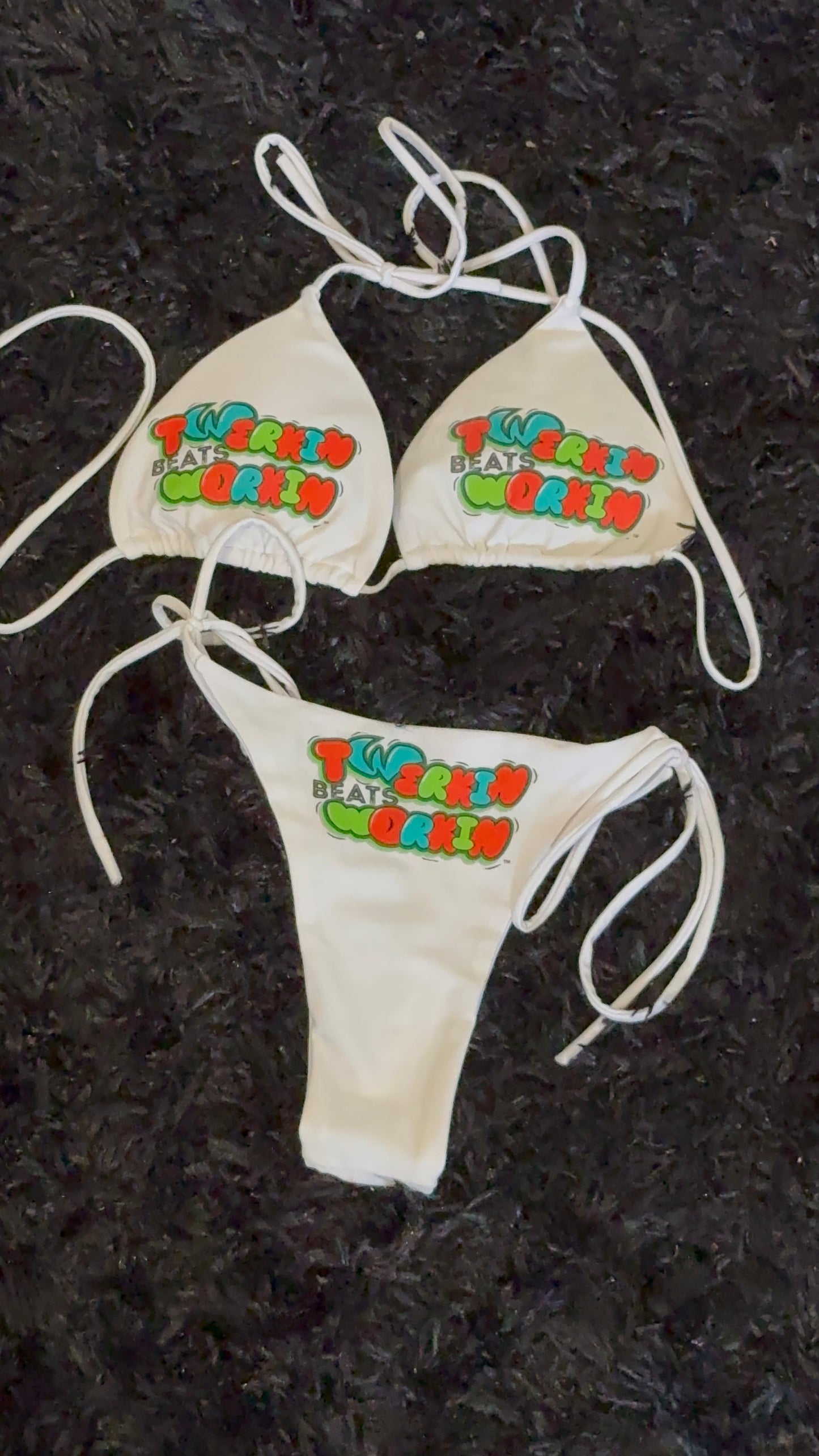 Orange, blue & green Twerkin’ Beats Workin’ designed string thong bikini