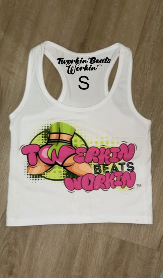 Twerkin’ Beats Workin’ pink and green booty design on front and glitter TBW on back of tank