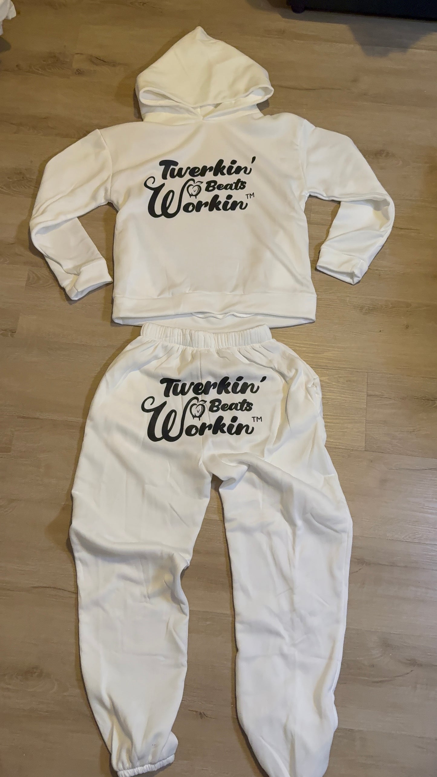 Unisex white Twerkin’ Beats Workin’ peach design on front of hoodie and back of pants Jogger set