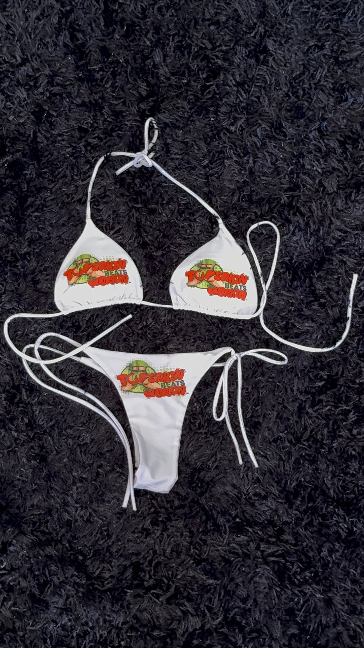 Orange & green Twerkin Beats Workin’ Booty designed string thong Bikini