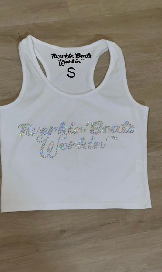 Twerkin’ Beats Workin’ Glitter on front/ Orange and green booty design on back of tank