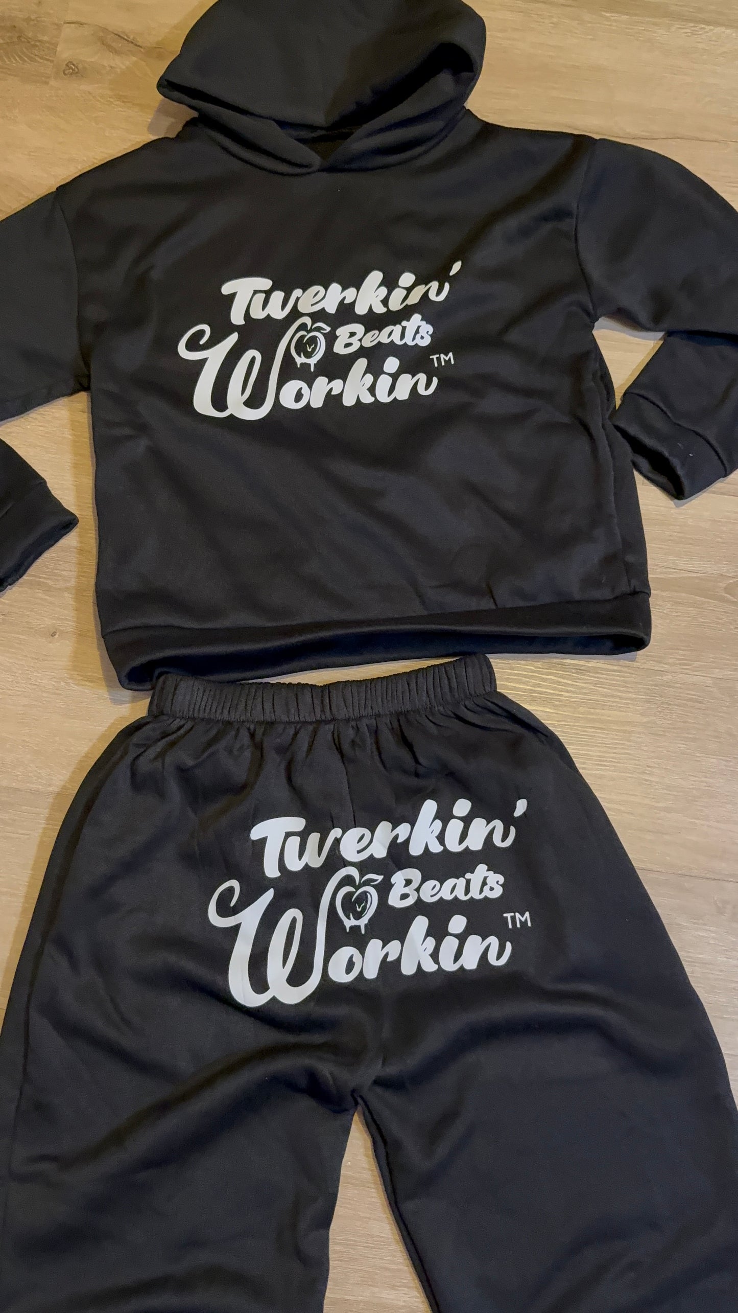 Black Unisex Twerkin’ Beats Workin’ peach design front of hoodie back of pants jogger set