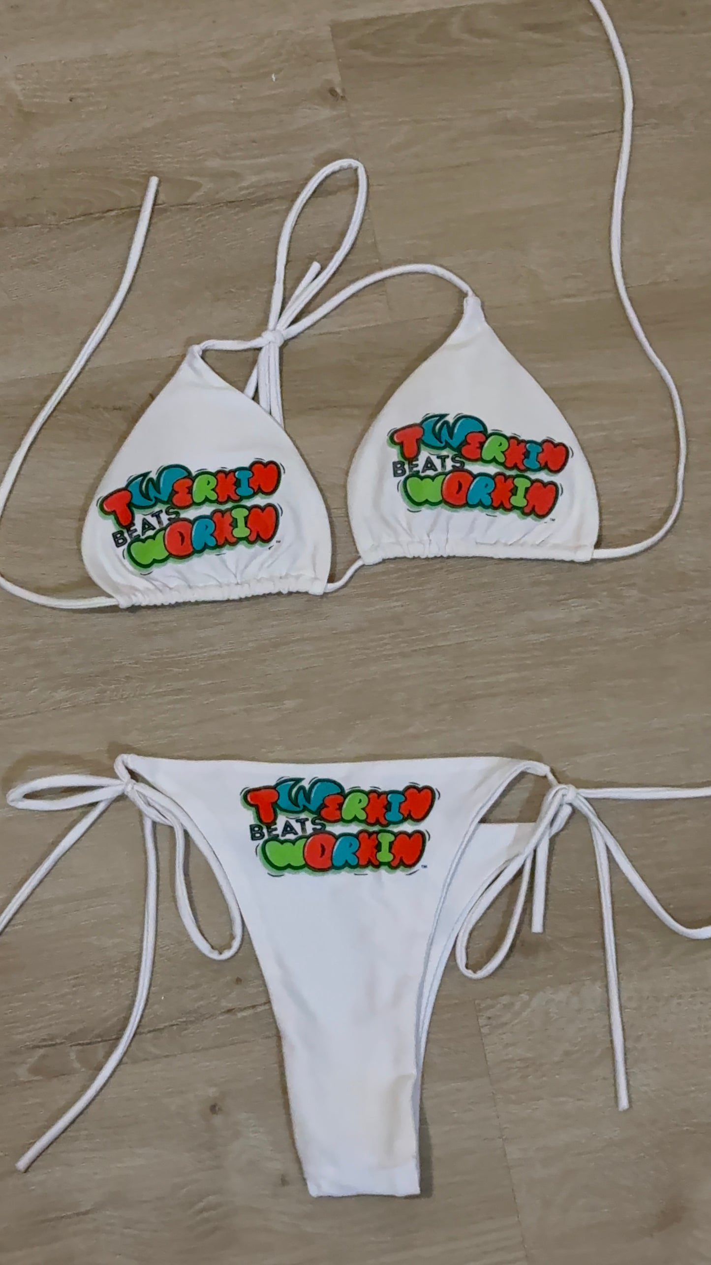 Orange, blue & green Twerkin’ Beats Workin’ designed string thong bikini