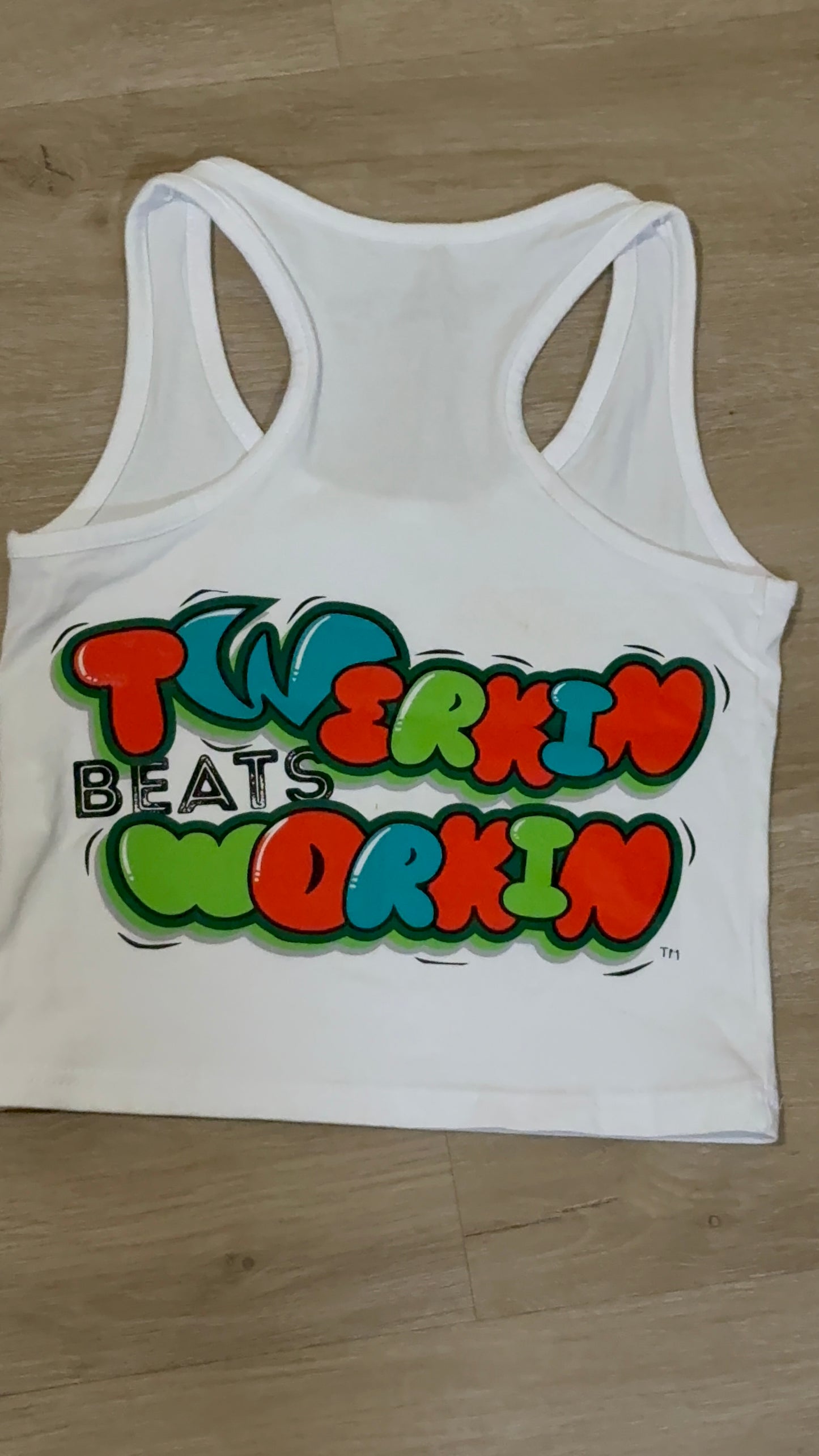 Glitter TBW on front of tank/ Orange,blue and green TBW design on back of tank