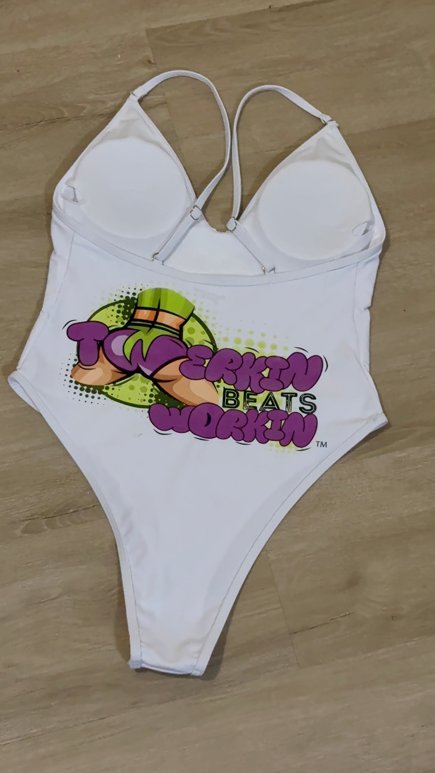 Purple and green booty designed Twerkin’ Beats Workin’ one piece