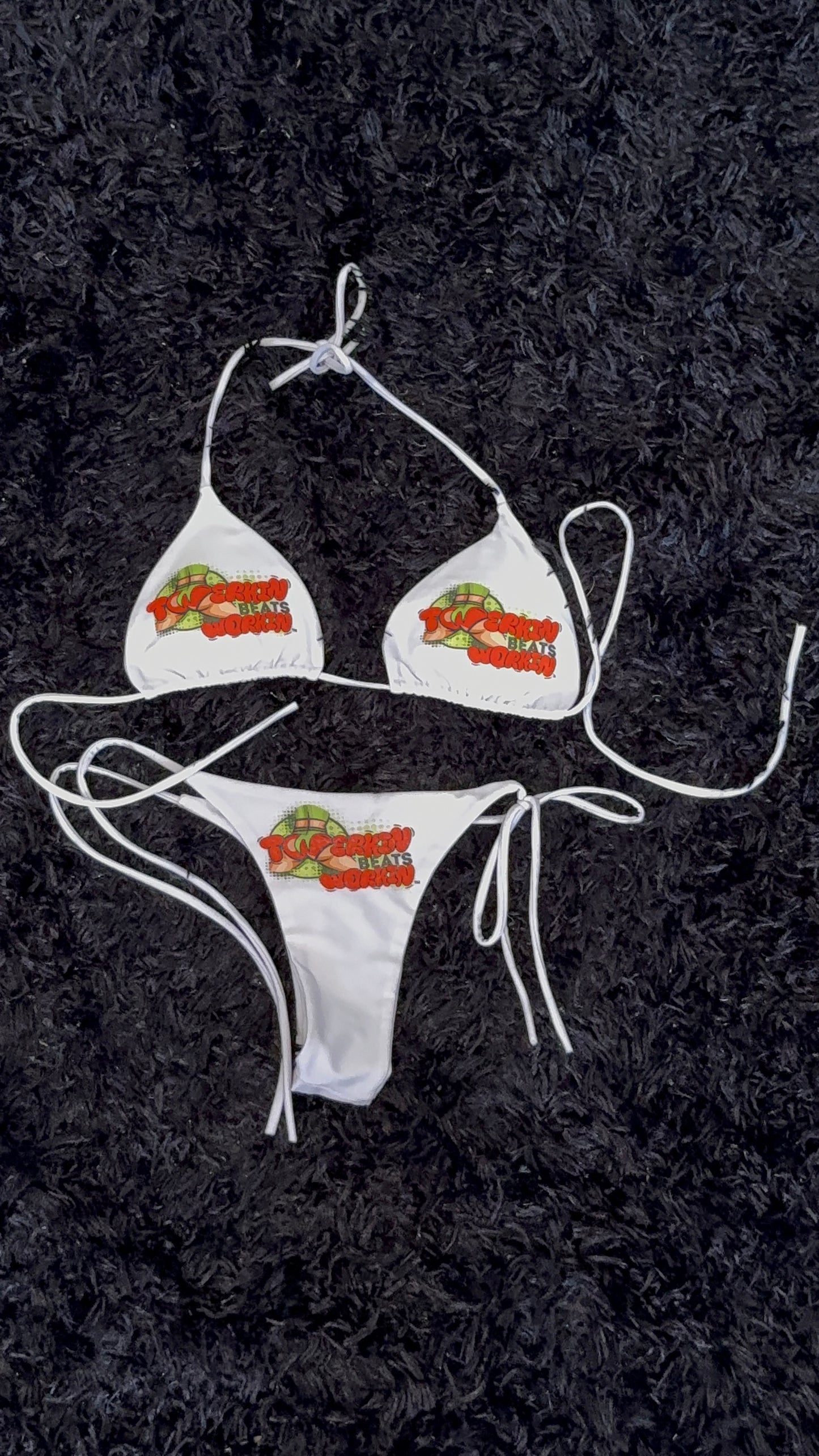 Orange & green Twerkin Beats Workin’ Booty designed string thong Bikini