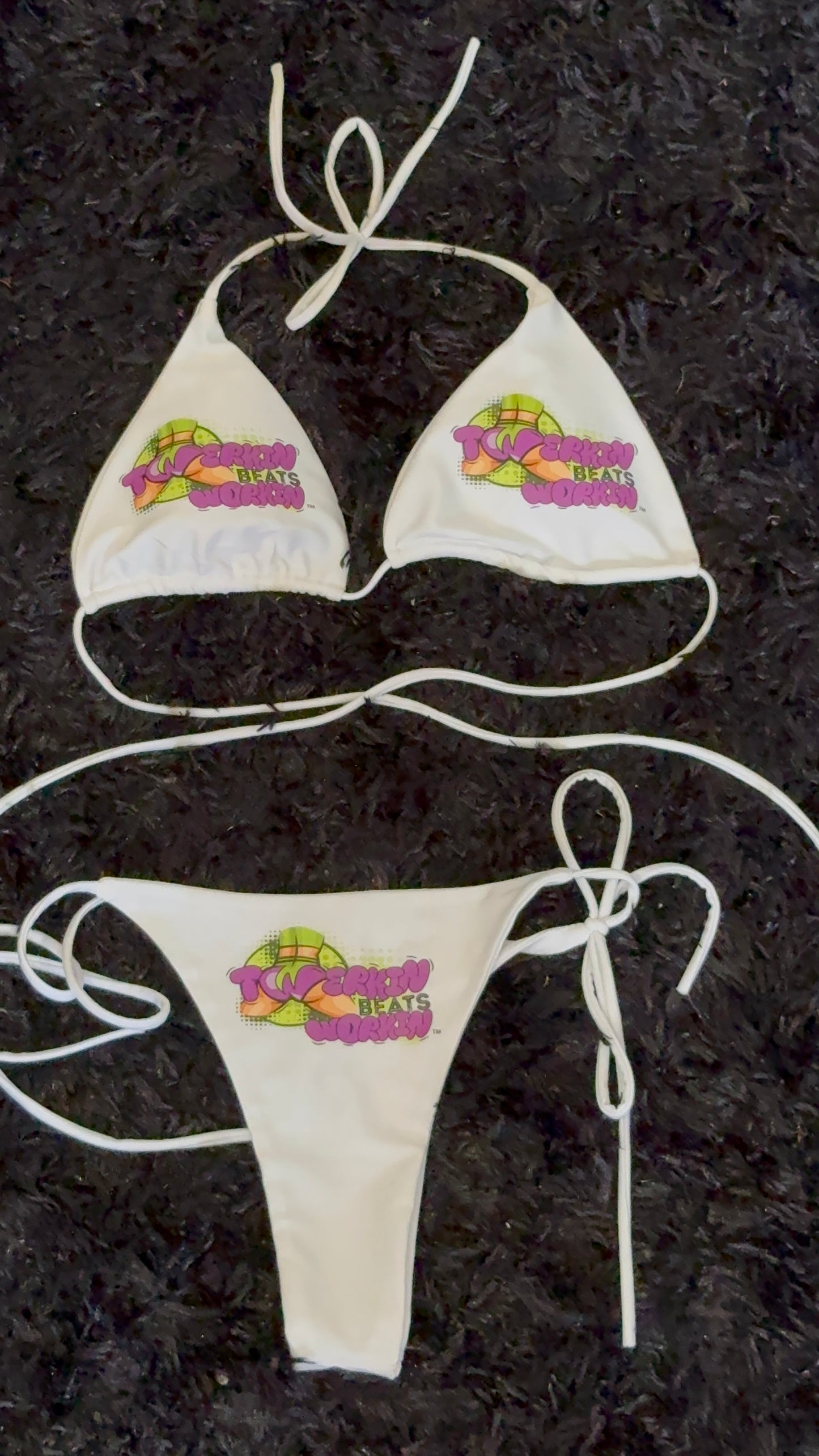 Purple & green Twerkin’ Beats Workin’ booty designed thong string Bikini