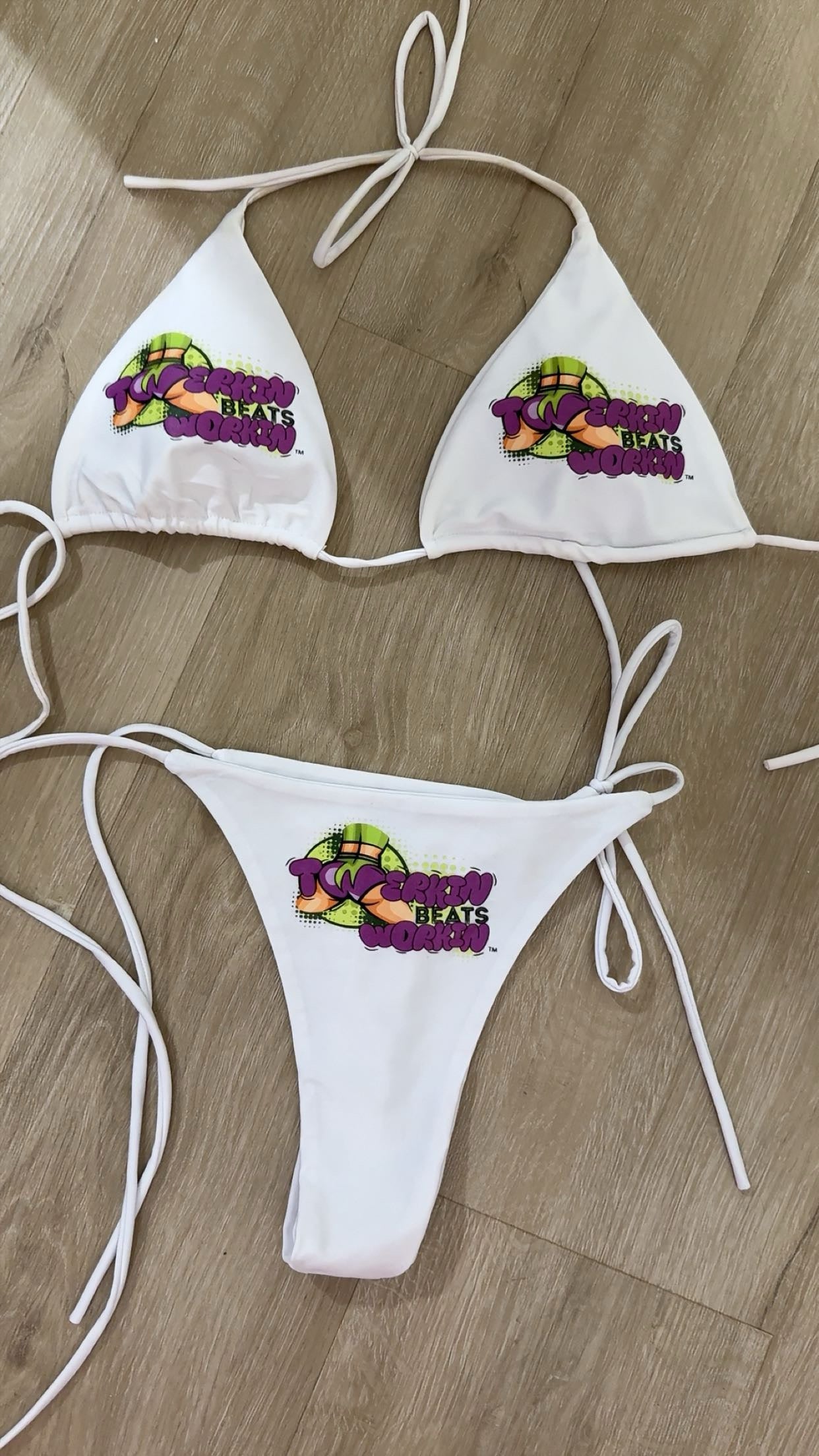 Purple & green Twerkin’ Beats Workin’ booty designed thong string Bikini